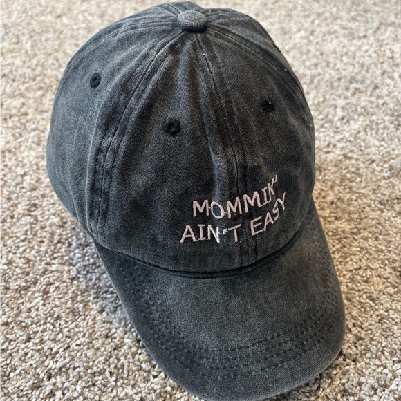 n/a Accessories - Mommin’ Ain’t Easy Charcoal Women's Cap with Pink Embroidery